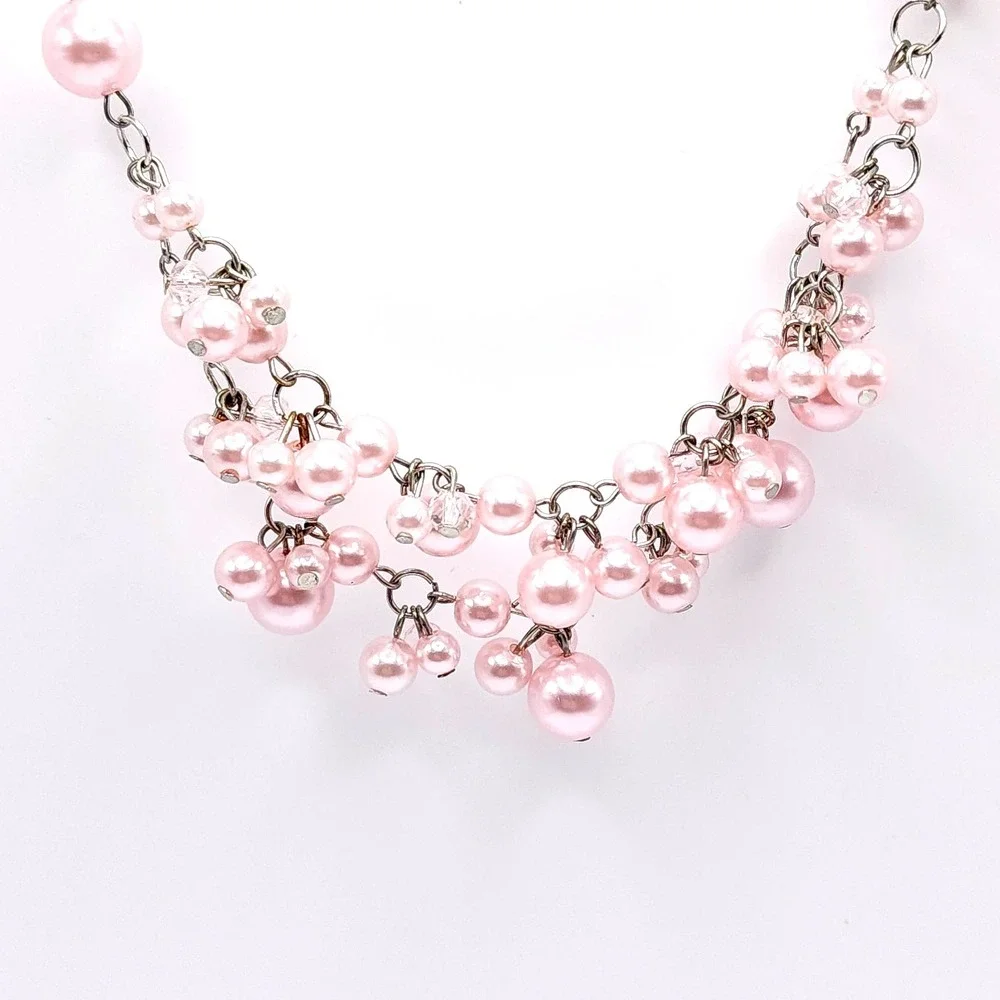 Pink Faux Pearl Cluster Bib Necklace Silver